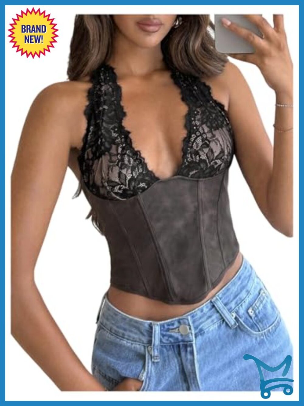 Lace PU Leather Halter Top Open Back Deep V Sleeveless Corset Crop Top